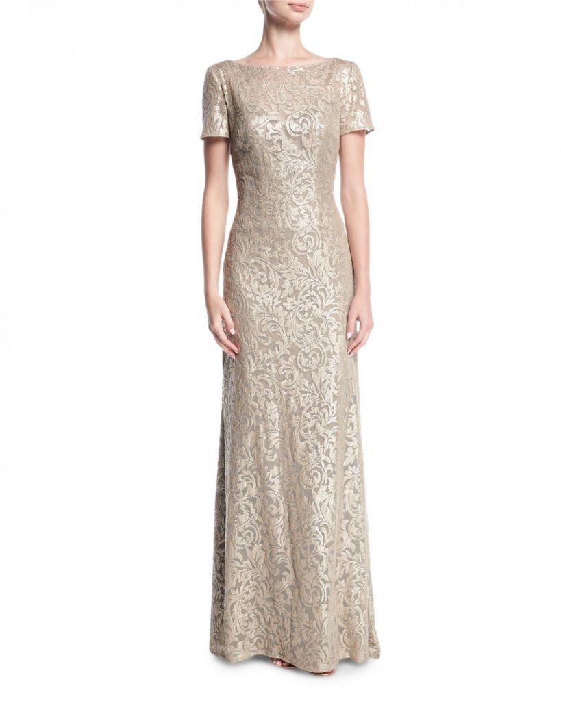 La Femme Boat-Neck Short-Sleeve Lace Embroidered Evening Gown