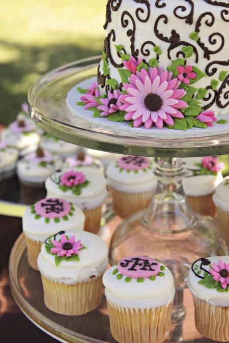 theme wedding cake and cupcakes
