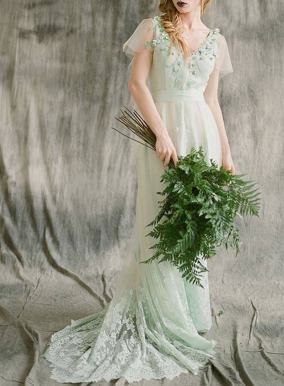 Bridal Dress Online|dark Green Floral Lace Applique A-line Wedding Dress  With Chapel Train