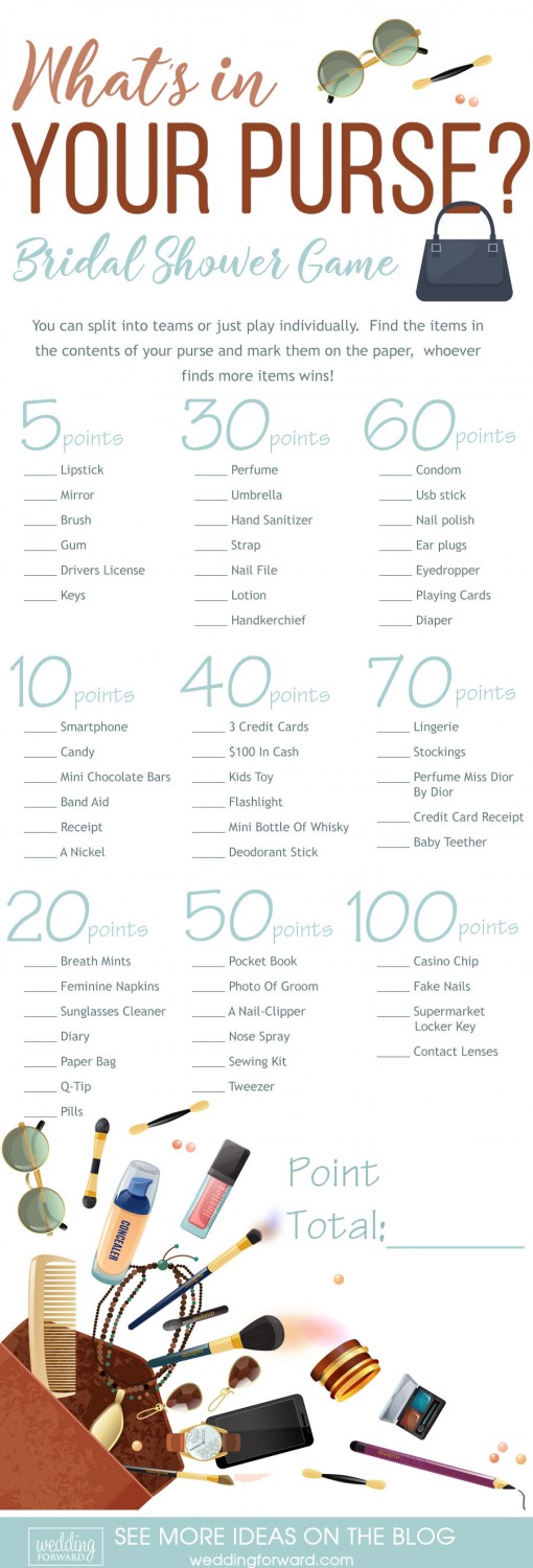infographics bridal shower game list of items what is in your purse