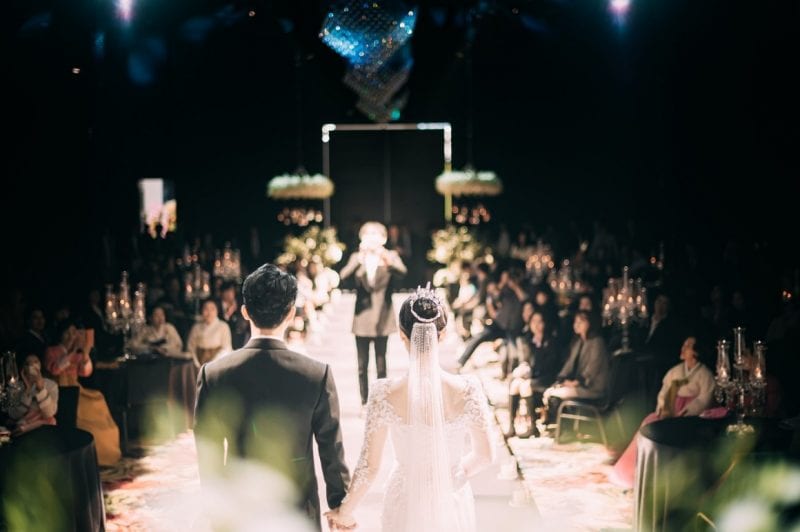 wedding couple walking down the isle