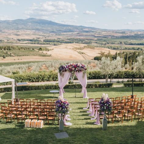 beautiful outdoor wedding ceremony set up wedding ceremony area on the hillside in Tuscany