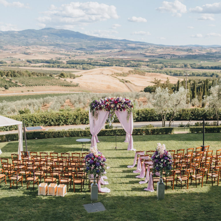 beautiful outdoor wedding ceremony set up wedding ceremony area on the hillside in Tuscany