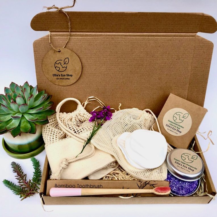 Cardboard box with zero waste bridesmaids gifts inside
