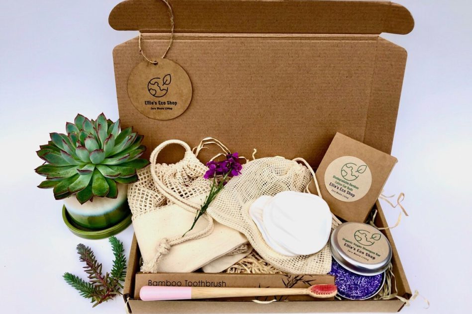 Cardboard box with zero waste bridesmaids gifts inside