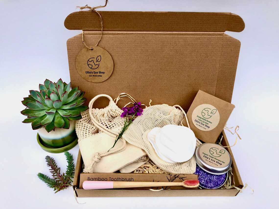 Cardboard box with zero waste bridesmaids gifts inside