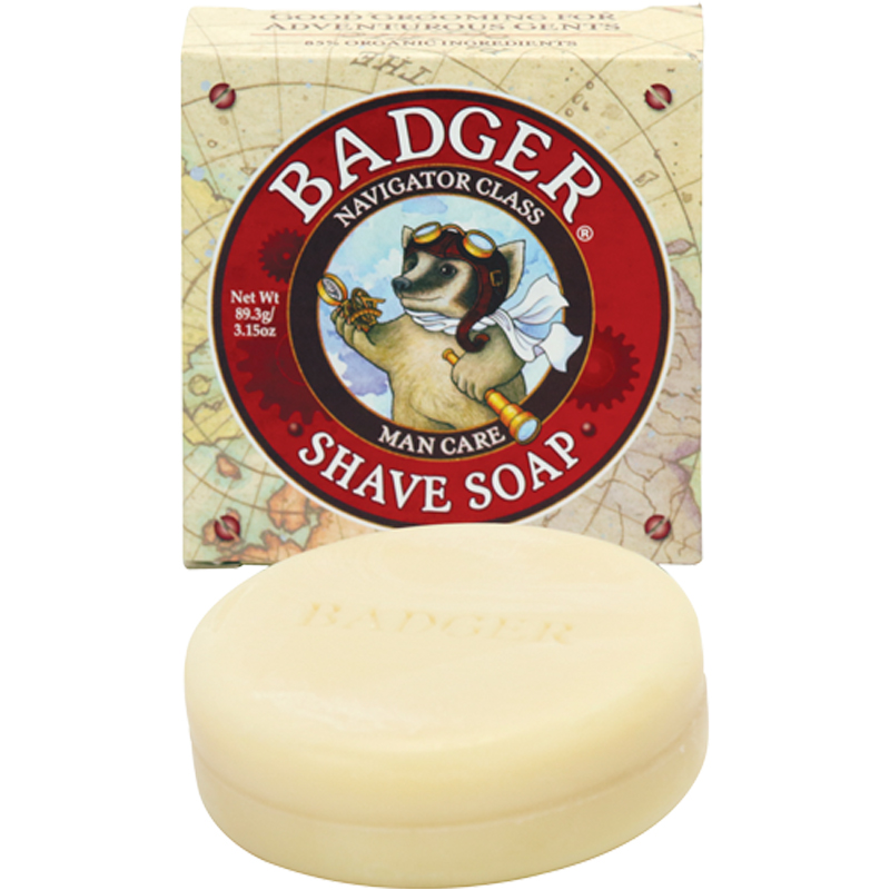 Badger balm organic shave soap on white background