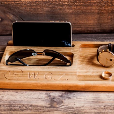 Eco friendly wood valet tray with watch holder as gift for groomsmen