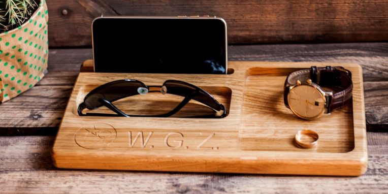 Eco friendly wood valet tray with watch holder as gift for groomsmen