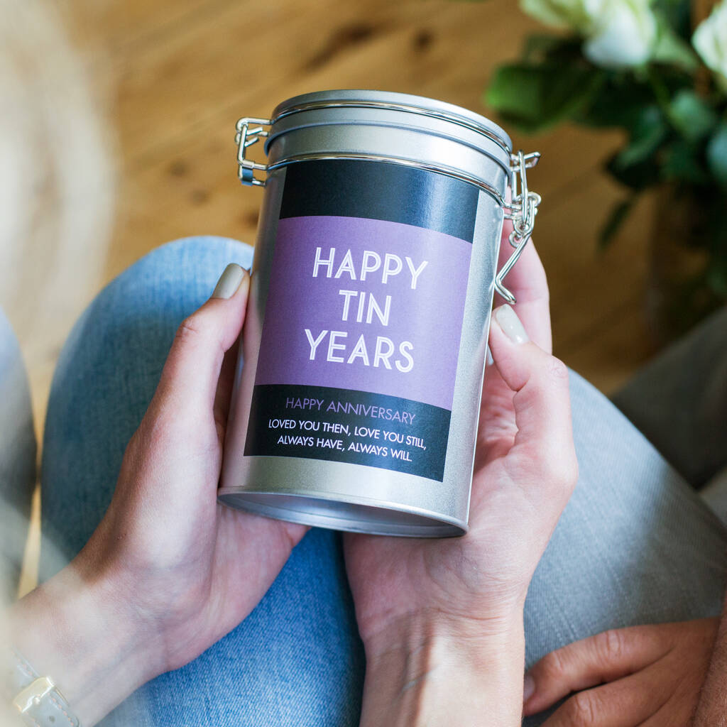 Woman holding Personalized Anniversary Coffee Gift in tin