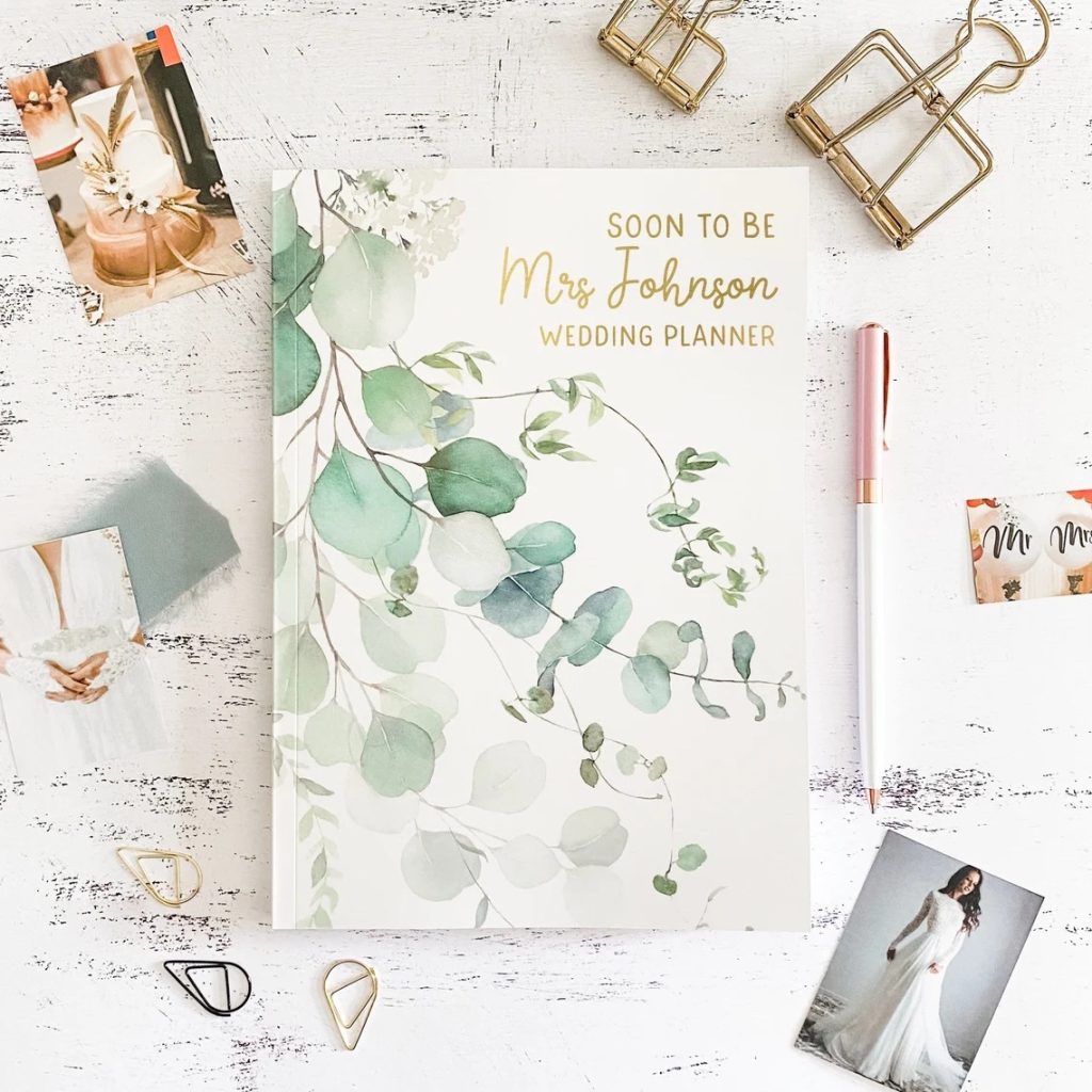 Personalised Wedding Planner Book with eucalyptus leaves on cover