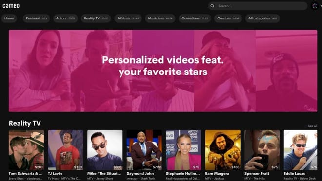 Photo of Cameo website offering personalized videos featuring your favorite star