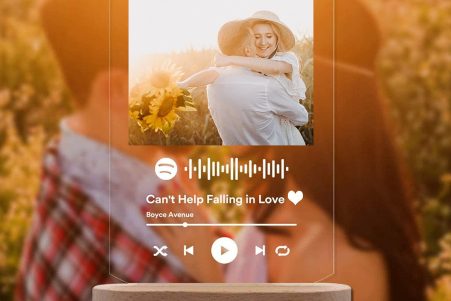 Personalized custom plaque with scannable glass art featuring song