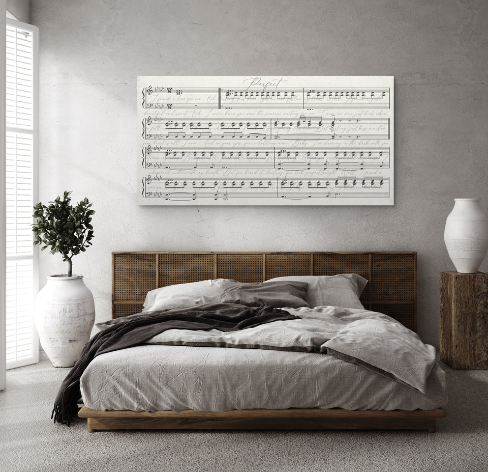  Bedroom with canvas wall art featuring lyrics from the first dance of a couple