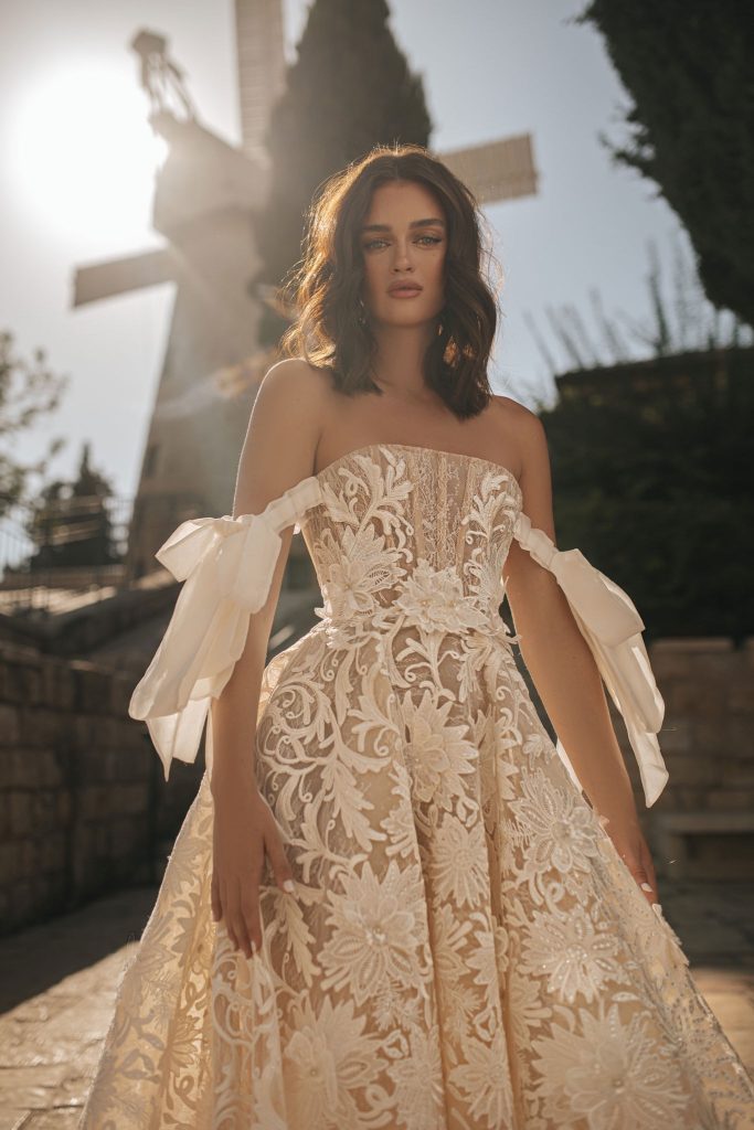Stunning, ballgown by Berta with large floral appliques