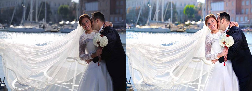 before and after contrasted photo of Bride and groom smiling near the water