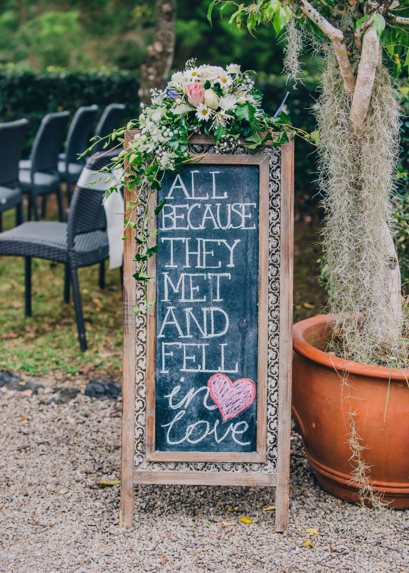 Chalkboard wedding sign for outdoor wedding.