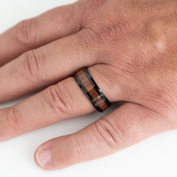 wedding band with wooden inlay