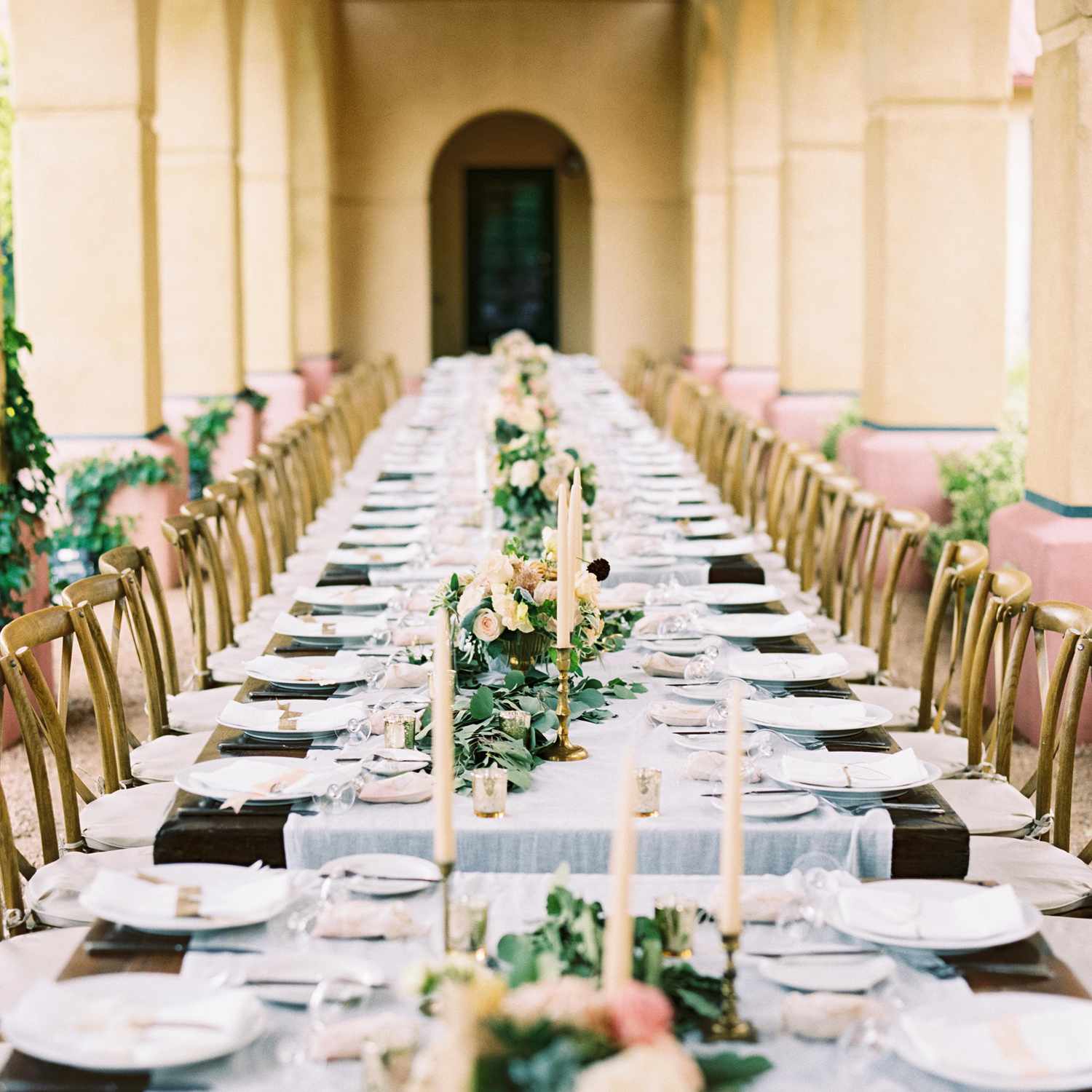layered table linens on a rectangle dinner table