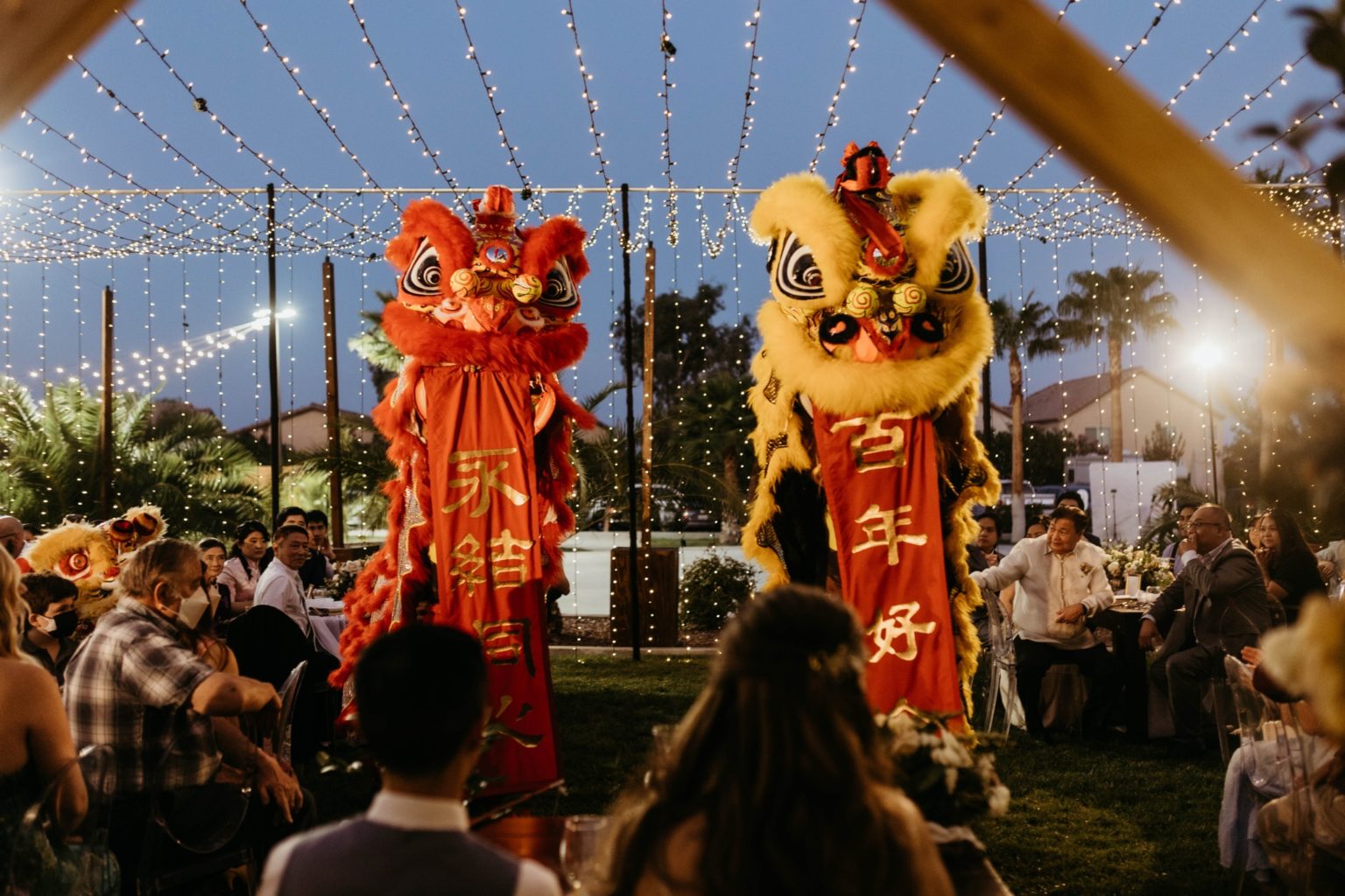 Two Chinese lion dancers performing at a wedding reception